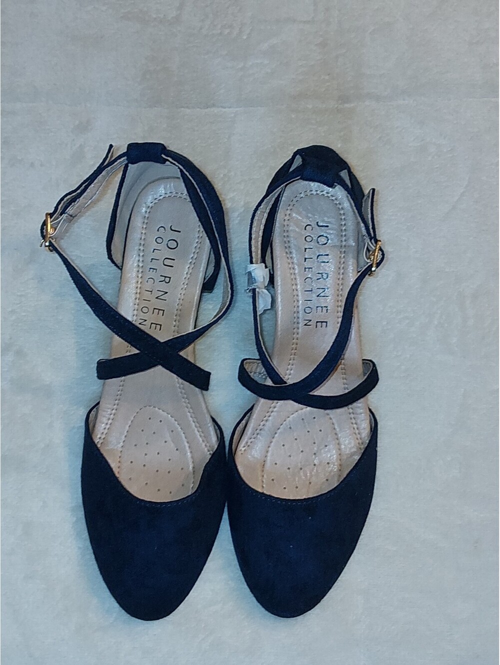 Journee Collection Navy Blue Suede Ankle Strap Block Heel Shoes Size 7. 131